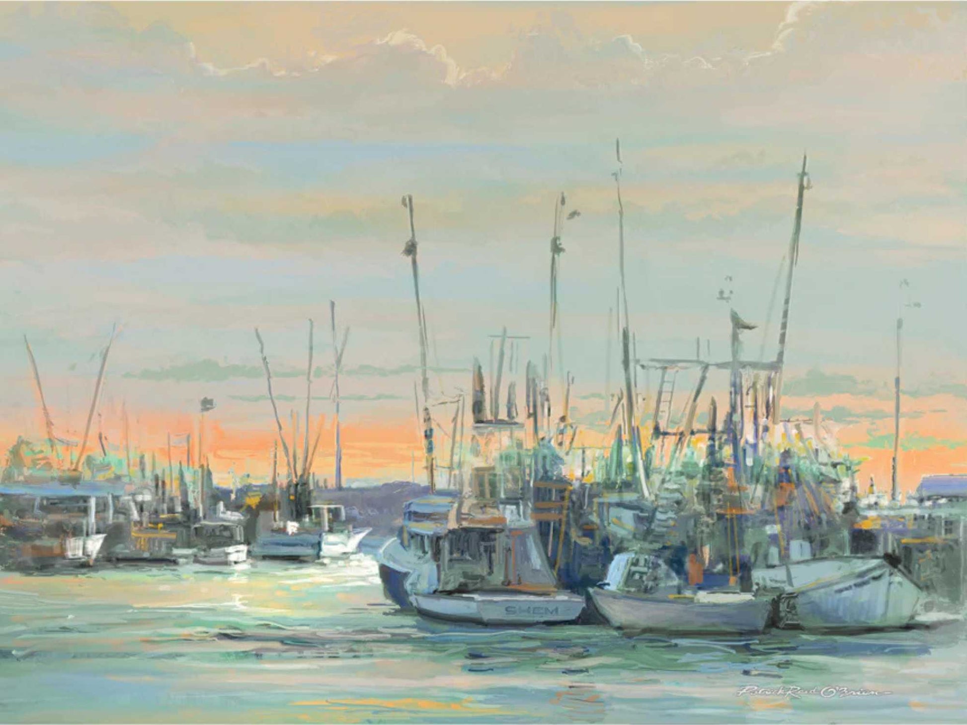 Harbor scene with boats at sunset, soft colors