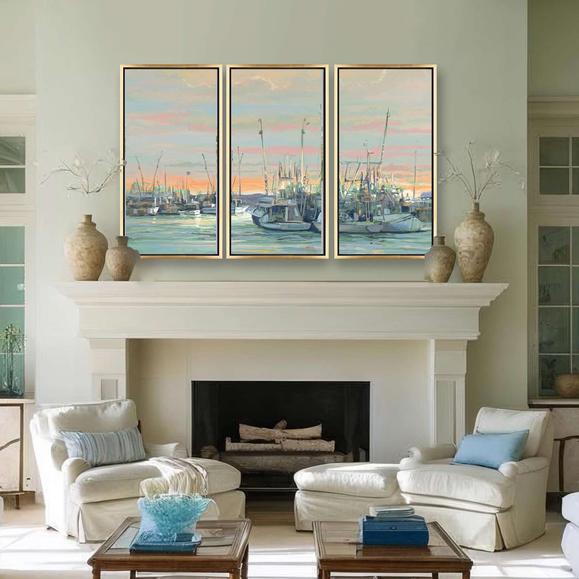 Shem Creek at Sunset ina triptich over a luxury fireplace coastal livingroom.