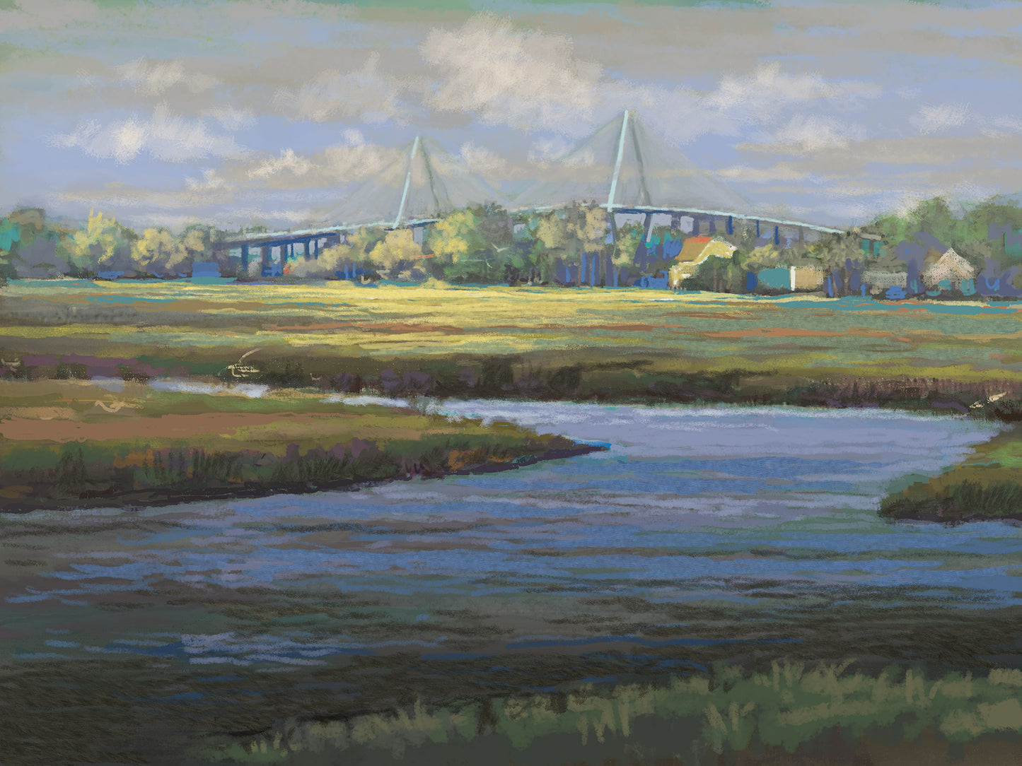 Painting of a river landscape with the Ravenel bridge in the background