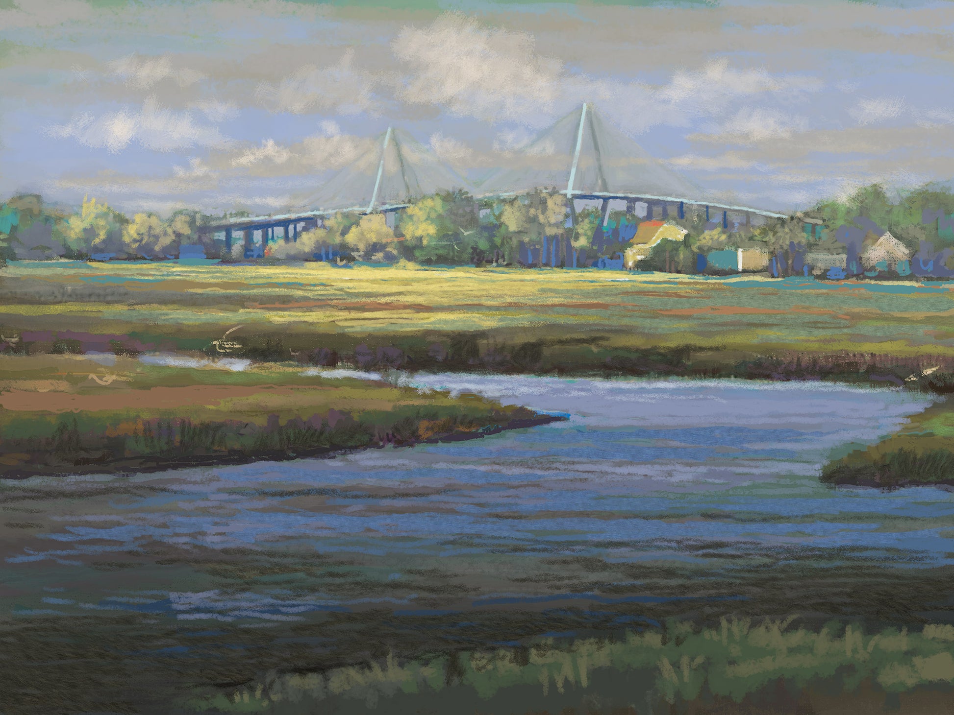 Painting of a river landscape with the Ravenel bridge in the background