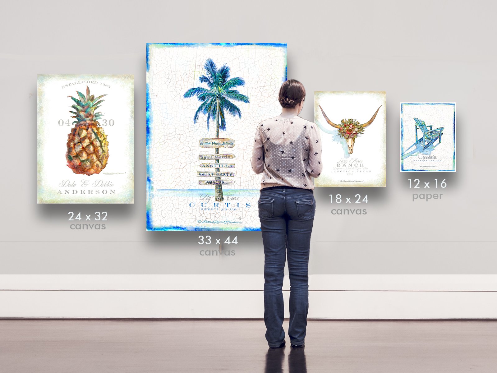 See a galley wall comparing different sizes of prints on a wall with a woman for scale .