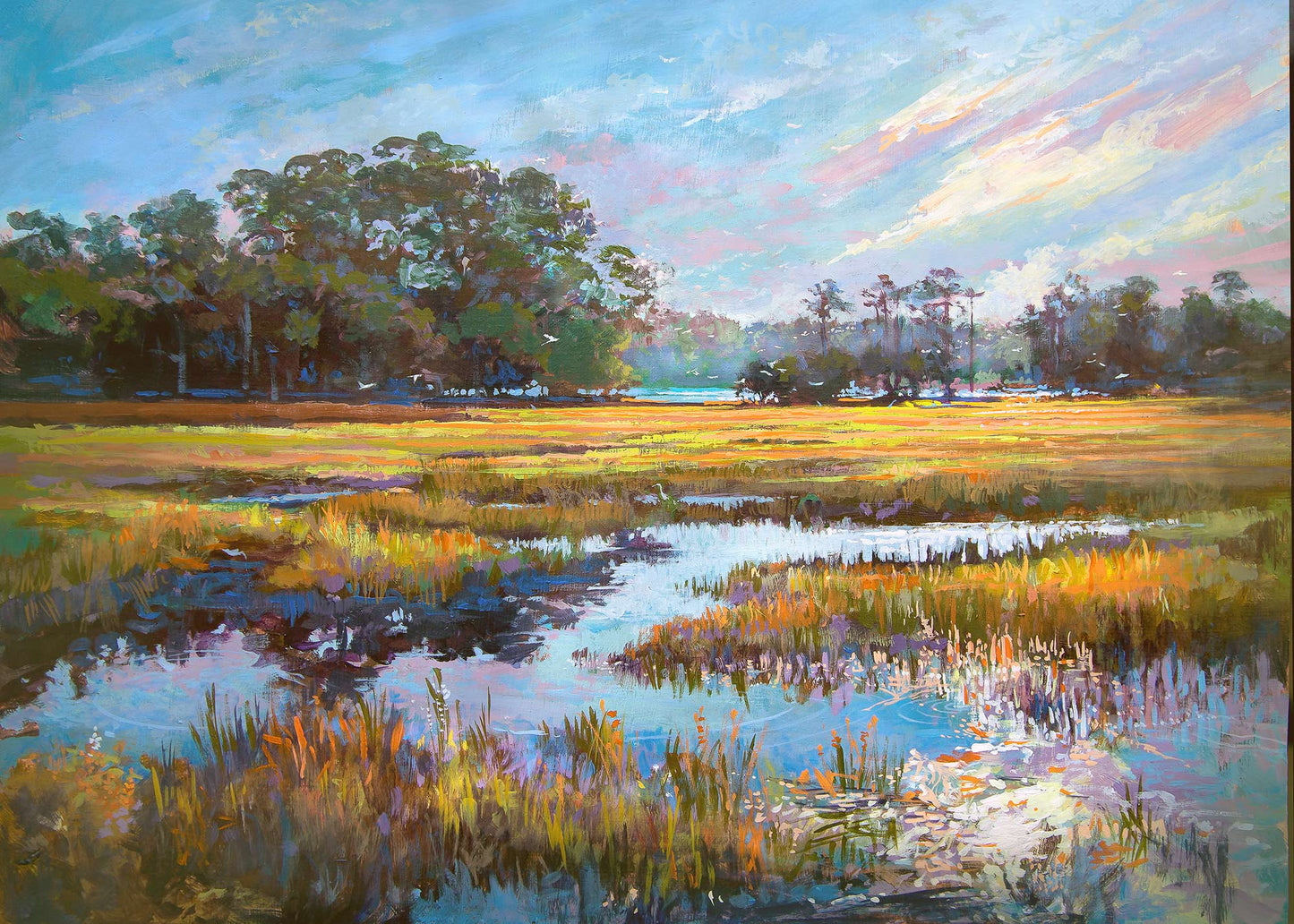 A colorful painting by Patrick Reid O'Briend epicting a marshy landscape with trees and a blue sky, likely created using an easel.