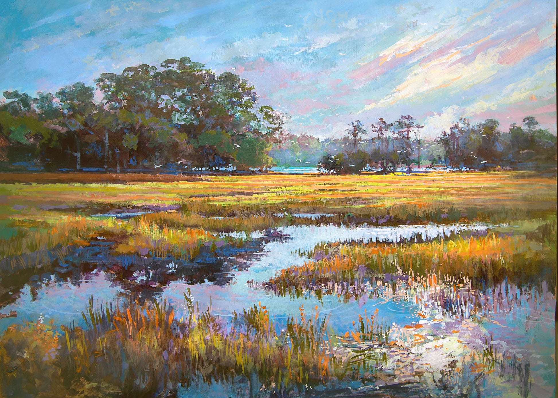 A colorful painting by Patrick Reid O'Briend epicting a marshy landscape with trees and a blue sky, likely created using an easel.